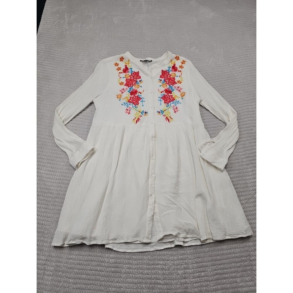 Andre By Unit Dress Womens Large Button Front Floral Embroidered Tunic